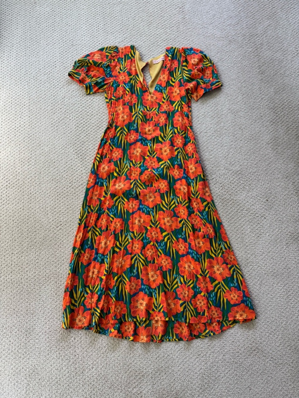 Traffic People Orange Floral Midi Dress with Green and Blue Accents
